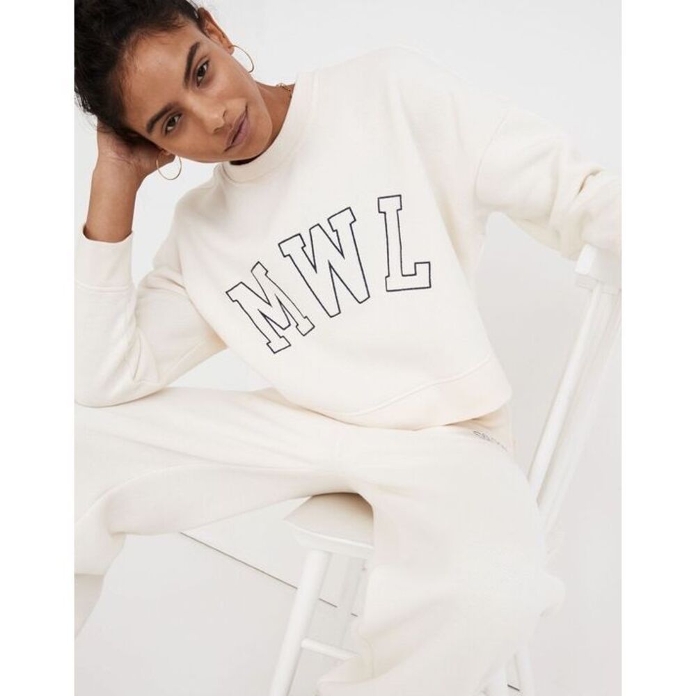 Madewell Betterterry Embroidered Crop Sweatshirt in Antique Cream Size Medium